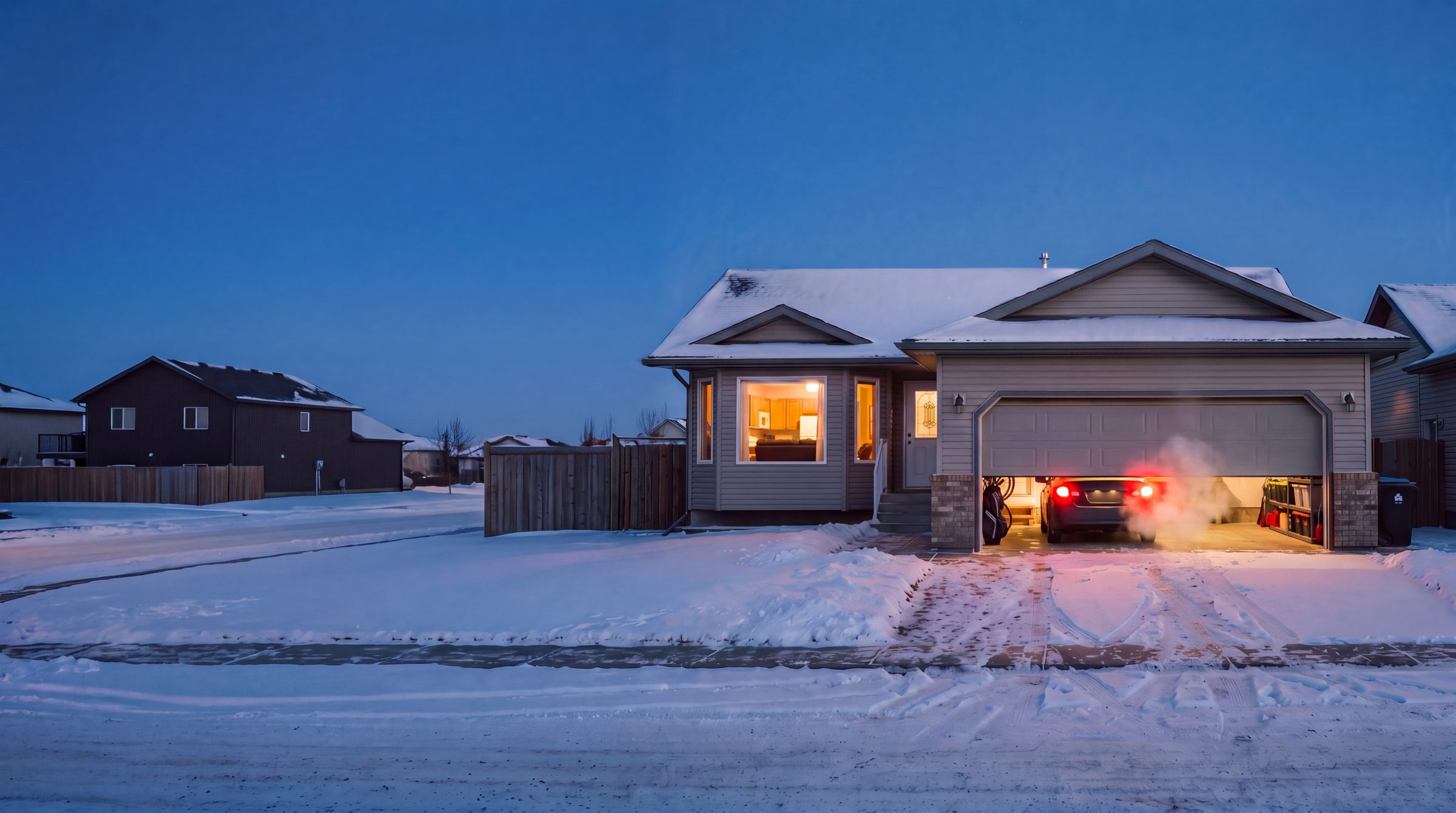 A house on a snowy street at dusk. The garage door is halfway open; inside, a car’s taillights glow and its exhaust rolls out under the door.