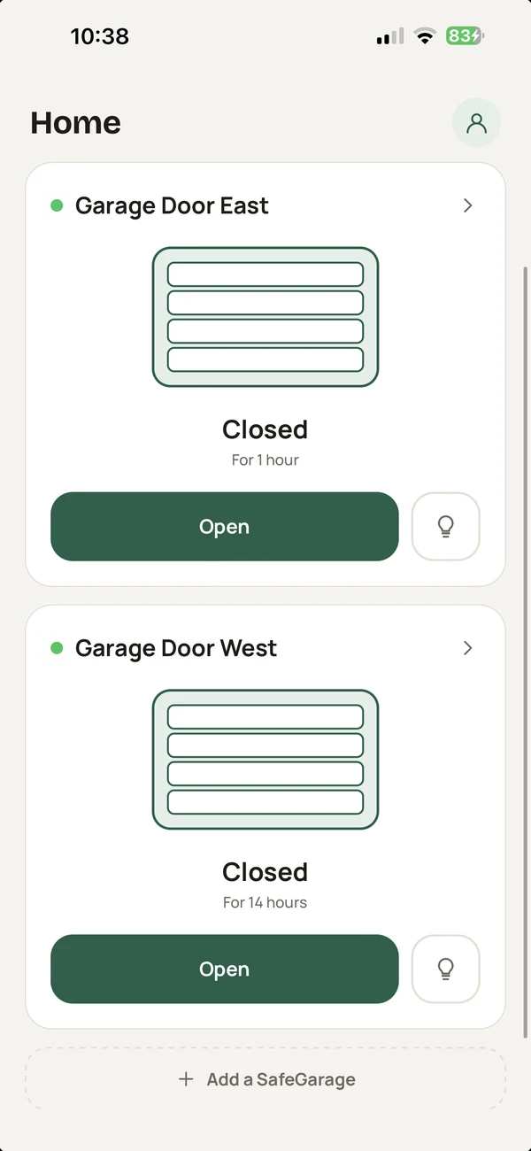 The SafeGarage app's Home screen: two garage doors, both closed, each with an Open button.