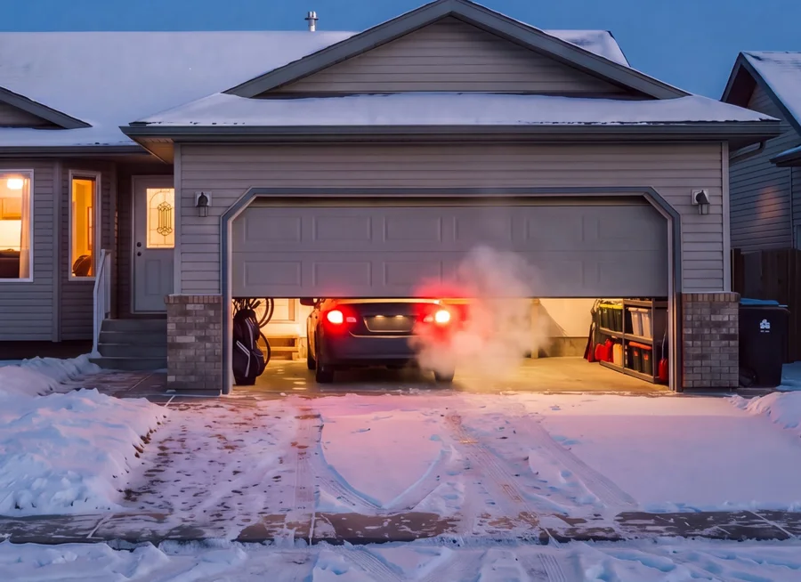 A garage door halfway open at dusk, a car inside with its exhaust rolling out.