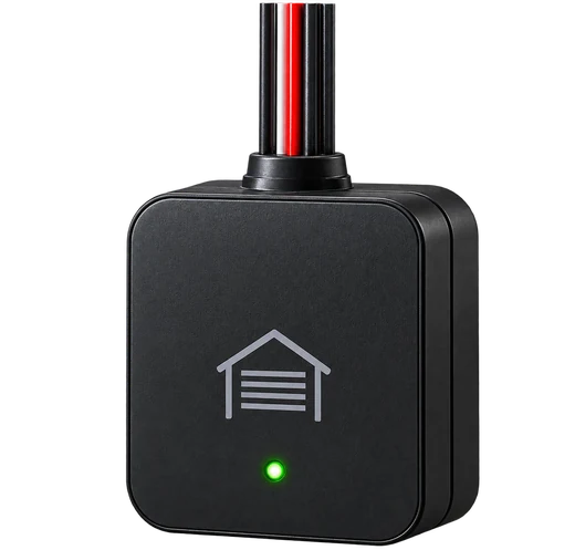 The SafeGarage box: black, with a garage icon, a green light and three wires.